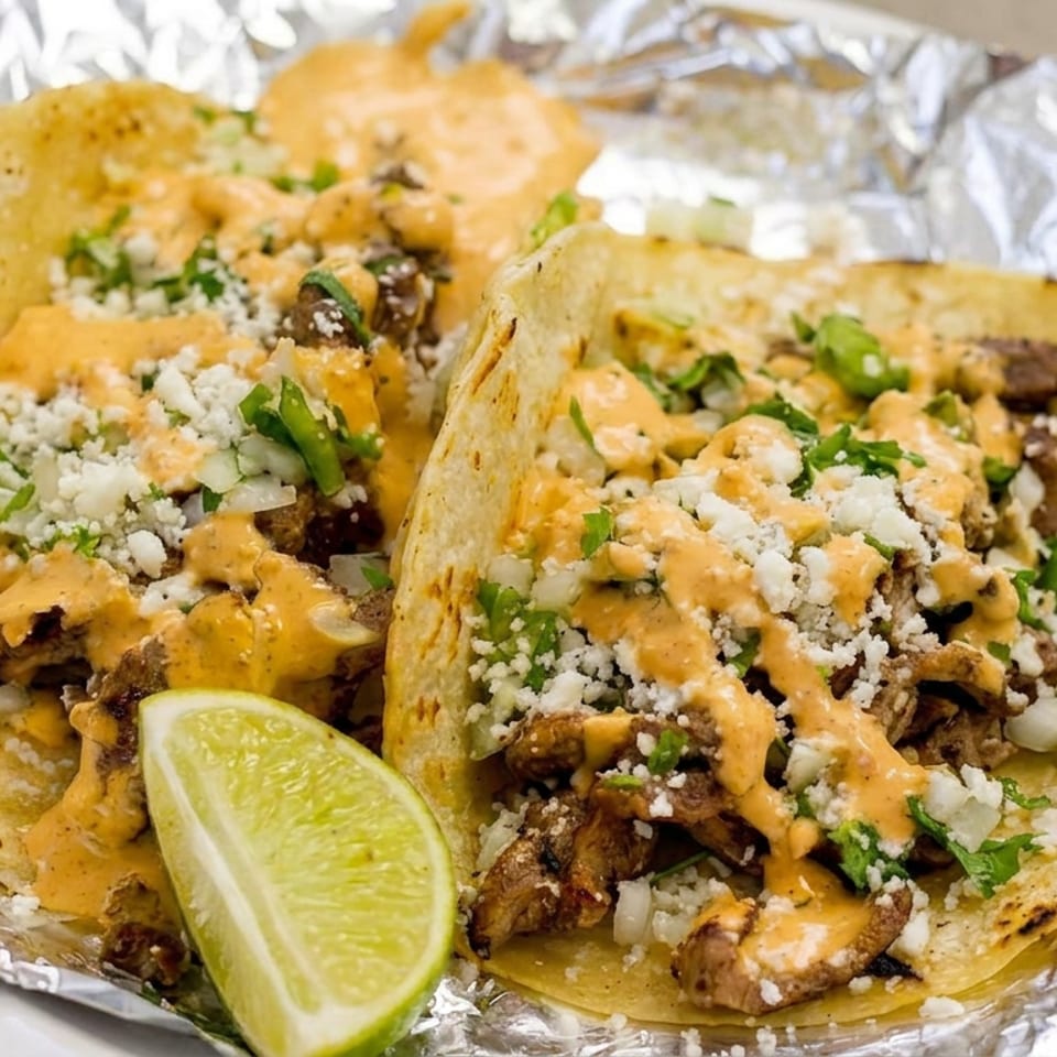 Three grilled meat tacos topped with cotija cheese, onions, cilantro, creamy orange sauce, and a lime wedge on foil.