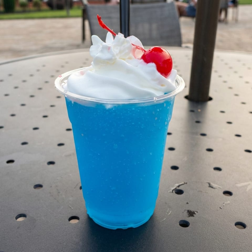 Blue frozen drink topped with whipped cream and a cherry on a perforated outdoor café table.