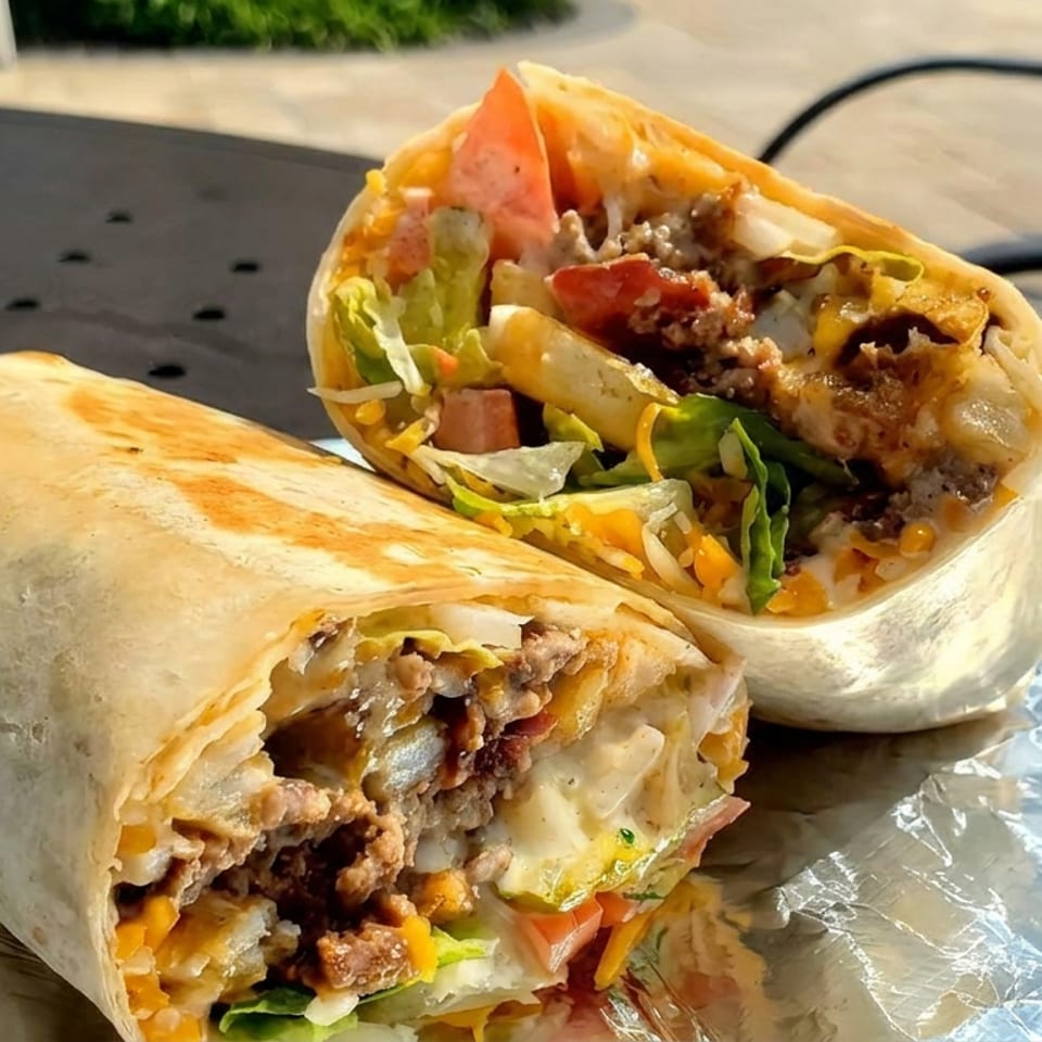 Two foil-wrapped beef burritos cut open to show seasoned meat, melted cheese, lettuce, tomatoes, and sauce on an outdoor table.