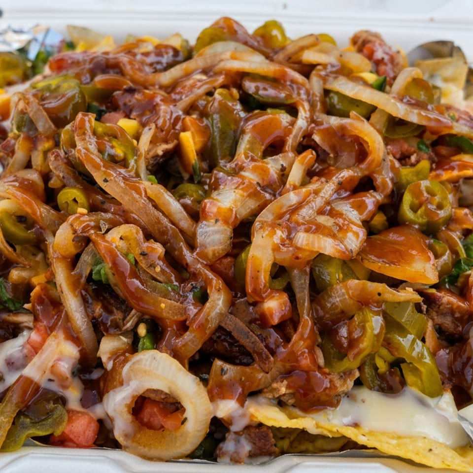 Loaded nachos topped with pulled meat, melted cheese, onions, jalapeños, peppers, and barbecue sauce in a foil-lined tray.